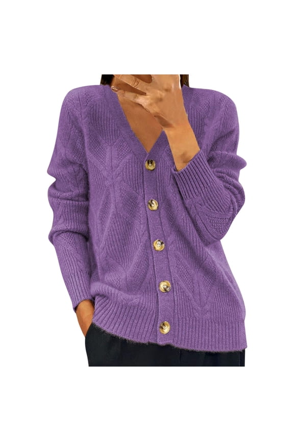 Womens Cardigans Lightweigh Solid Color Sweater Coat Long Sleeve V-Neck Knitted Top Single Breasted Jacket Fall Clothes 2024 (Purple M)