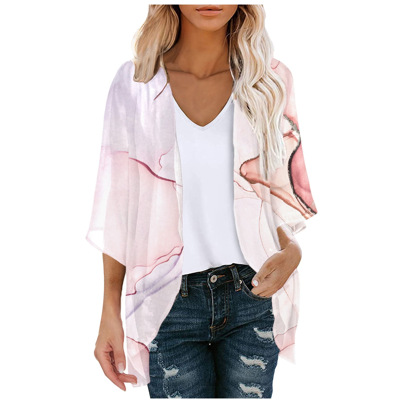 ChainJoy Women’s Lightweight Flowy Kimono Cardigan – Sheer Chiffon Long Cover-Up With Floral Print, Open Front, Boho Style