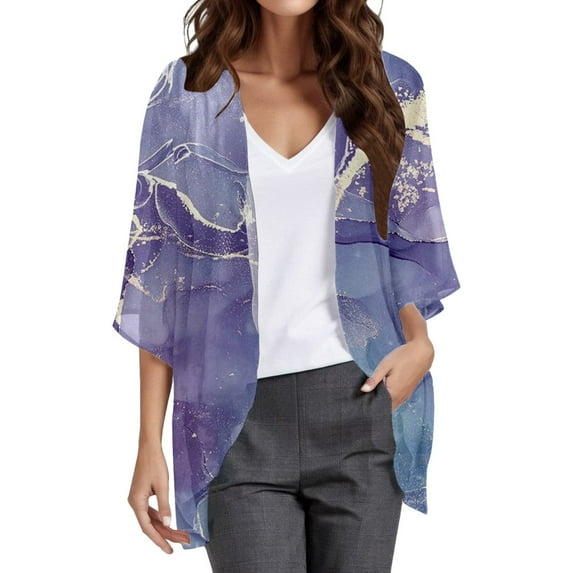 Womens Cardigans Lightweight 3/4 Sleeve Kimono Chiffon Cover Up Tops Open Front Floral Print Sun Protection Casual Blouses Summer Loose Long Cardigans for Women Purple L