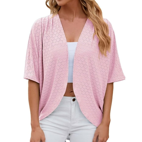 Womens Cardigans Lightweight Elbow Length Sleeve Soft Open Front Mesh Wraps Solid Color Tops Casual Shawls for Women Pink XXL