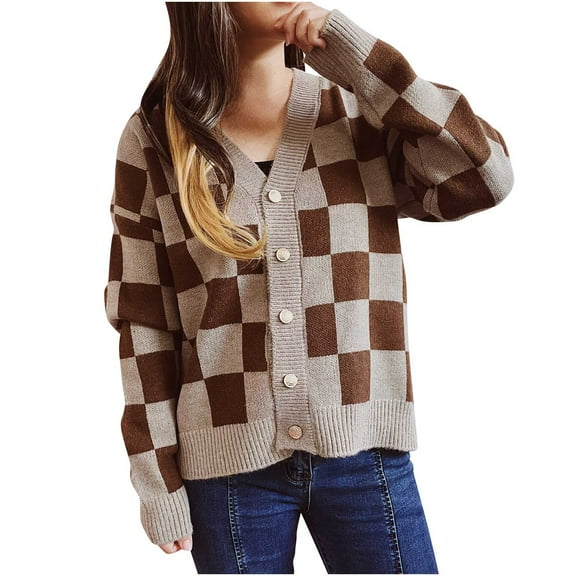 Womens Cardigans Lightweight Long Sleeve V-Neck Knitted Top Single Breasted Jacket Block Color Open Front Sweater (Khaki XL)