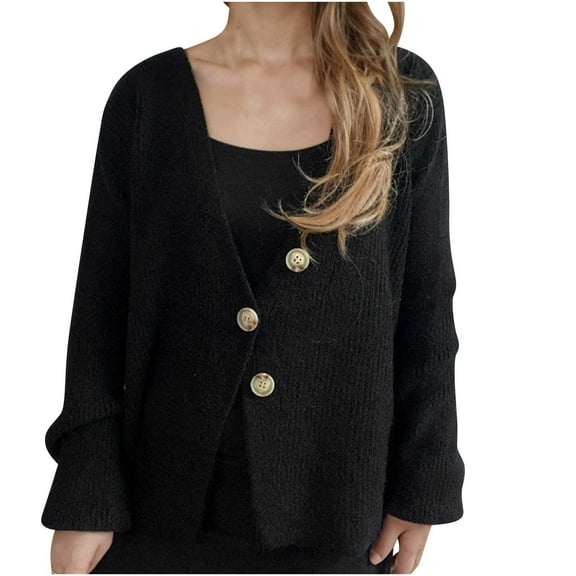 Womens Cardigans Lightweight Solid Color Open Front Sweater Long Sleeve V-Neck Knitted Top Single Breasted Jacket (Black S)