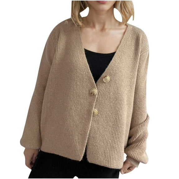 Womens Cardigans Lightweight Solid Color Open Front Sweater Long Sleeve V-Neck Knitted Top Single Breasted Jacket (Khaki S)