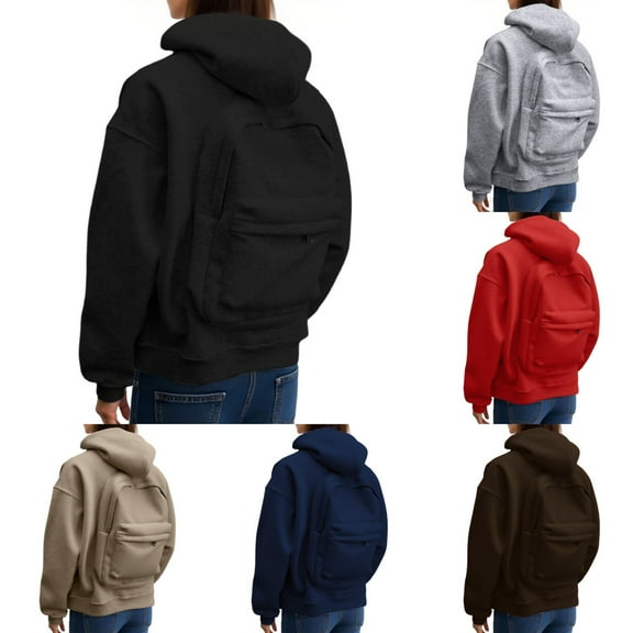 Womens Zip Up Hoodies with Backpack Design Solid Color Front Pocket Jackets Casual Lightweight Fall Outdoor Activities Hooded Sweatshirt Women Black L