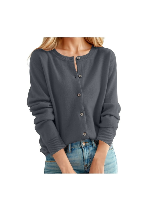 Womens Cardigans Lightweight Women's Cardigan Sweater Classic Crew Neck Button Collar Knit Front Open Womens Cardigans Dark Gray M