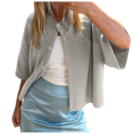 Womens Cardigans Lightweight Women's Casual Short Sleeved Knit Cardigan Solid Color Half Neck Button Down Sweater 1 Cardigan for Women Grey M