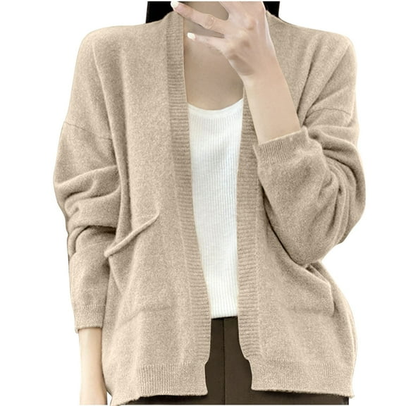 Womens Cardigans Lightweight with Pockets Long Sleeve Open Front Sweaters Casual Loose Knitted Outwear Coat (Khaki 2XL)