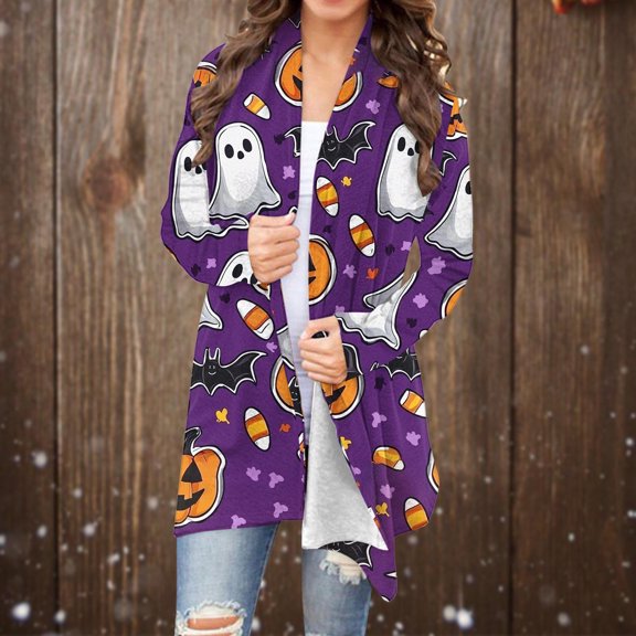 Womens Cardigans Long Sleeve Open Front Halloween Print Fashion Coats