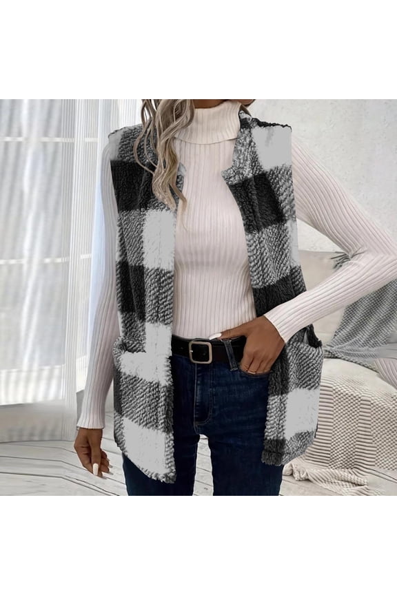Womens Cardigans Sleeveless Plaid Print Patch Patchwork Cardigans Pocket Cardigan Coat Dark Gray M,Coats for Women