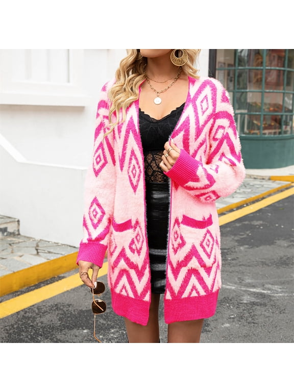 Womens Cardigans Sweaters with Pockets Long Sleeve Open Front Knitted Coats Casual Aztec Printed Soft Fluzzy Warm Outerwear Sweater Jackets