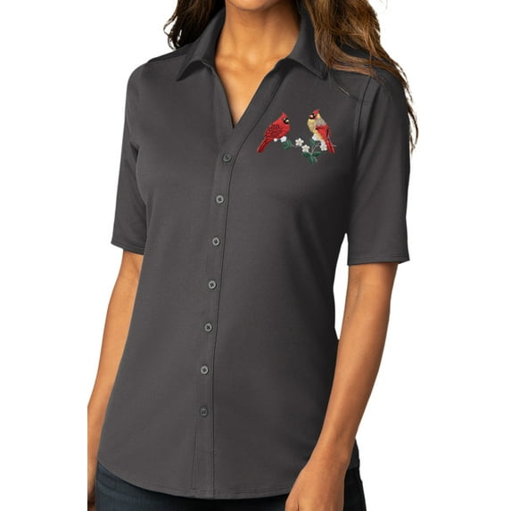 Womens Cardinal Couple on Branch Button-Down Stretch Shirt, Medium Graphite Gray