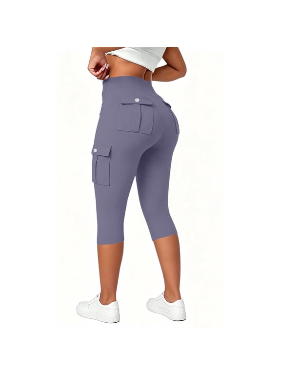 Womens Cargo Capri Leggings Workout Leggings High Waist Yoga Pants with Pockets for Running and Active Everyday Wear