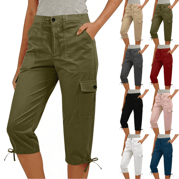 Womens Cargo Capri Pants High Waist Pull On Lightweight Quick Dry Hiking Casual Summer Cropped Pants,Sizes S-2XL
