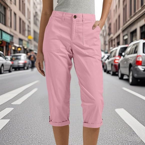 Womens Cargo Capri Pants High Waisted Button Closure Casual Cropped Pants Pink XXL