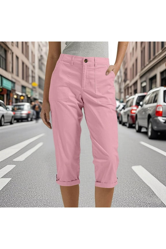 Womens Cargo Capri Pants High Waisted Button Closure Casual Cropped Pants Pink XXL
