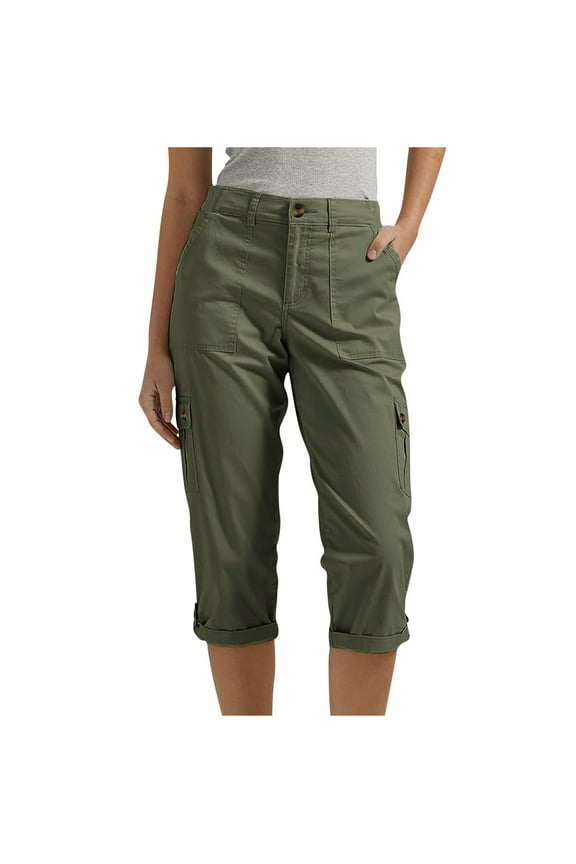 Womens Cargo Capri Pants Lightweight 6 Pockets Hiking Pants Casual Outdoor Trip Straight-Leg Cotton Cropped Pants Army Green 2XL