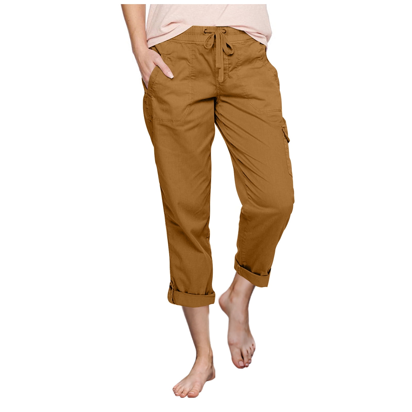Womens Cargo Capris Elastic Waist Drawstring Cargo Pants for Women Straight  Leg Summer Casual Lounge Capri Slacks (3X-Large, Brown) 