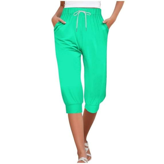 Womens Cargo Capris Elastic Waist New Women's Capris Sweatpants Drawstring Casual Cropped Joggers Loose Athletic Sports Pants with Pockets Mint Green L