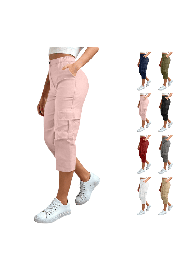 Womens Cargo Capris Pants Lightweight Quick Dry Elastic Waist Dry Outdoor Hiking Summer Casual Travel Capri Pants for Women with Pockets Size S-2XL
