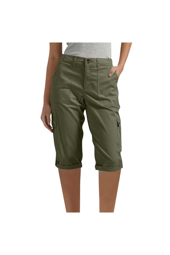 Womens Cargo Capris Pants Summer Solid Color With Elastic Waist Casual Fashion Half Shorts Pants Pocket