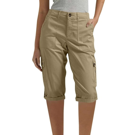 Womens Cargo Capris Pants Summer Solid Color With Elastic Waist Casual Fashion Half Shorts Pants Pocket