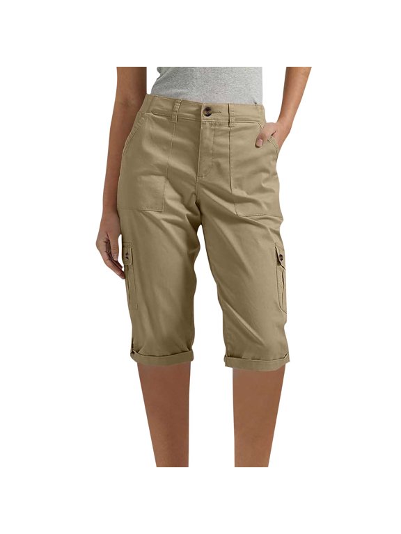 Womens Cargo Capris Pants Summer Solid Color With Elastic Waist Casual Fashion Half Shorts Pants Pocket
