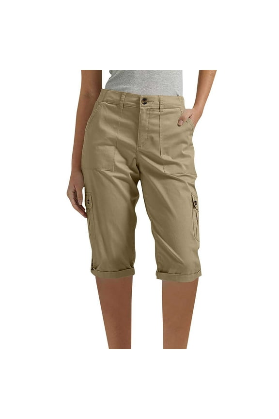 Womens Cargo Capris Pants Summer Solid Color With Elastic Waist Casual Fashion Half Shorts Pants Pocket