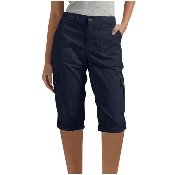 Womens Cargo Capris with Pockets Casual Stretch Pull on Short Pants Rolled Hem, Flat Front, Elastic Back, Button Closure Bermuda Shorts for Women Knee Length New Dark Blue L