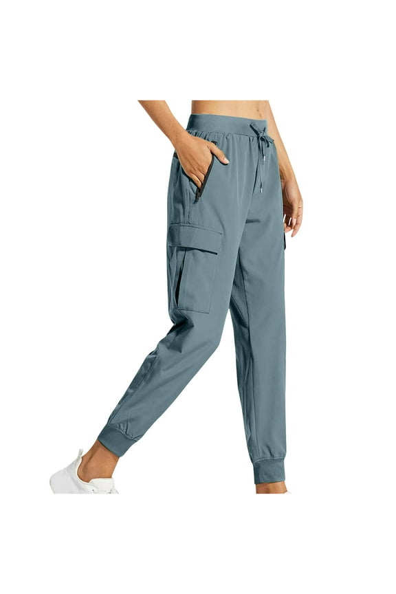 Womens Cargo Hiking Pants Elastic Waist Drawstring Joggers Lightweight Athletic Workout Casual Loose Trousers with Zipper Pockets,Light Blue,L