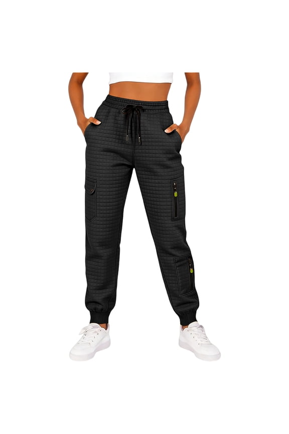 Womens Cargo Joggers with Multi Pockets Waffle Knit Drawstring Elastic High Waisted Jogging Active Pants (L, Black)