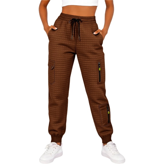 Womens Cargo Joggers with Multi Pockets Waffle Knit Drawstring Elastic High Waisted Jogging Active Pants (M, Brown)