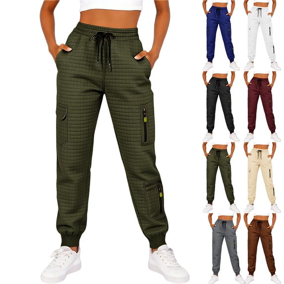 Womens Cargo Joggers with Multi Pockets Waffle Knit Drawstring Elastic High Waisted Jogging Active Pants (XL, Green)