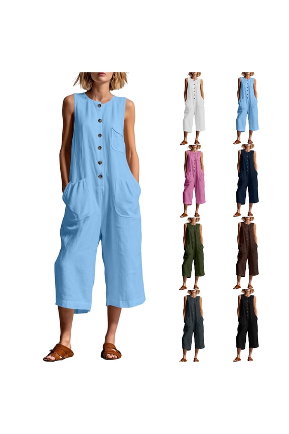 Womens Cargo Jumpsuits Button Down Crew Neck Sleeve Overalls Casual Loose Trendy Romper With Multi Pockets