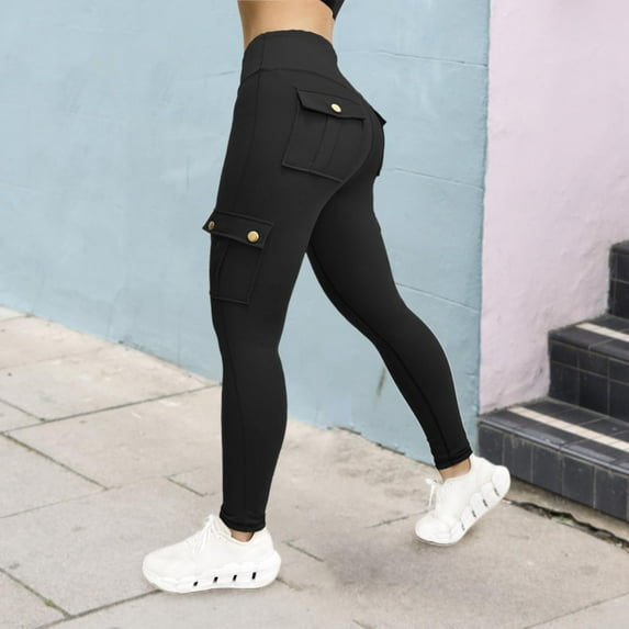 Womens Cargo Leggings with 4 Pockets, Yoga Bottom Pants for Women High Waisted Tummy Control Run Pants Workout Gym Pants