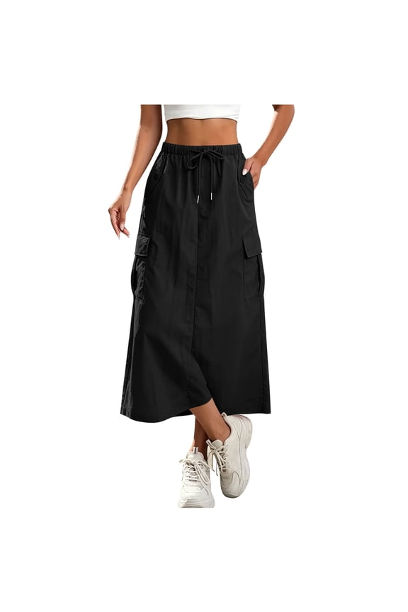 Womens Cargo Long Skirt Low Waist Drawstring Long Skirt Ruched Vintage Slit Cargo Skirt with Pockets Black M(M)