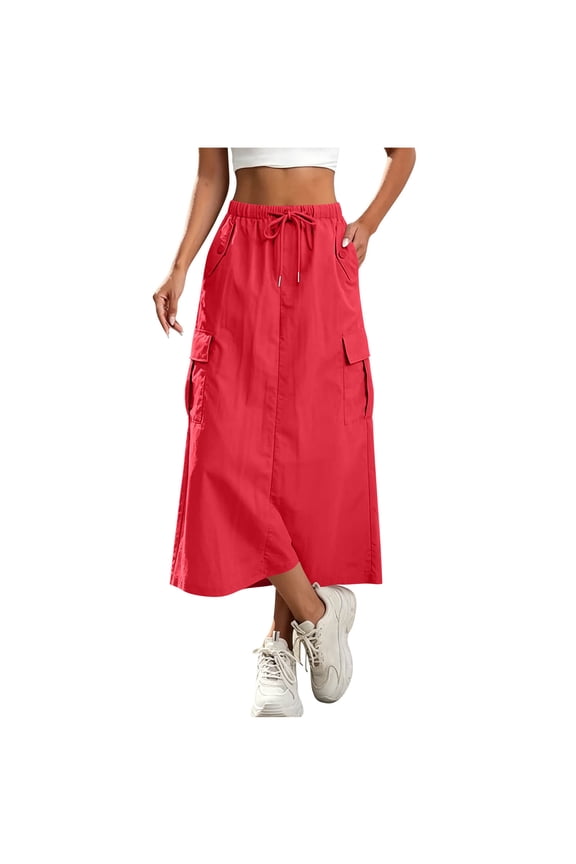 Womens Cargo Long Skirt Low Waist Drawstring Long Skirt Ruched Vintage Slit Cargo Skirt with Pockets Red XL(XL)