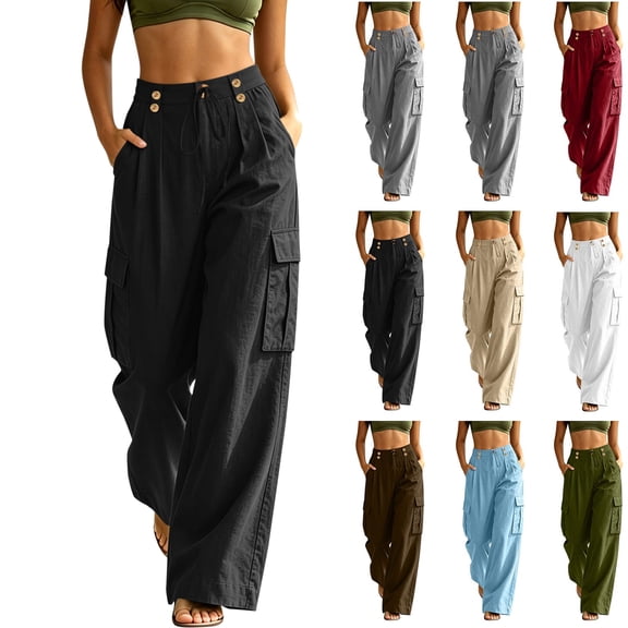 Womens Cargo Pants Baggy Fit Solid Color Back Elastic Waist Long Pants Straight Leg Multiple Pockets Casual Athletic Joggers