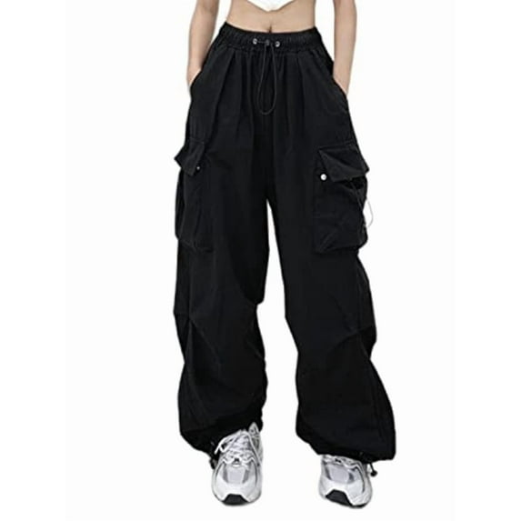 Womens Cargo Pants Casual Hiking Trousers Loose Fit Pants Y2K Hight Waist Mutil Pocket Trousers Black S