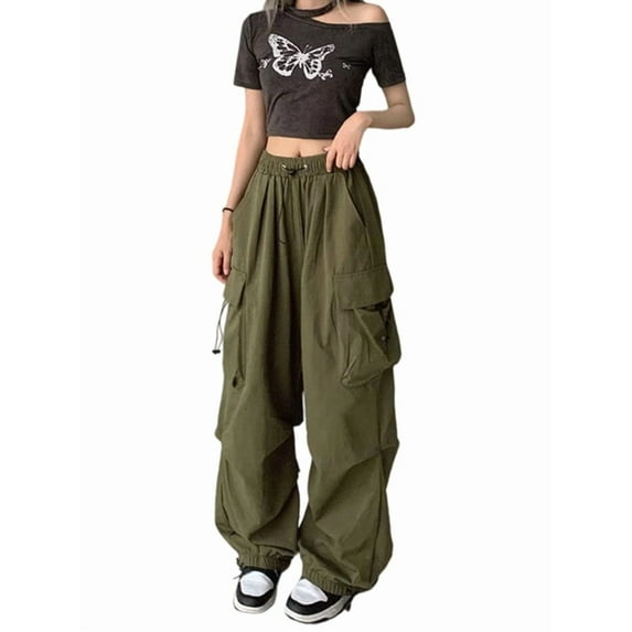 Womens Cargo Pants Casual Hiking Trousers Loose Fit Pants Y2K Hight Waist Mutil Pocket Trousers Green XXXL