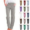 thumbnail image 1 of Womens Cargo Pants Casual Solid Cotton Linen Drawstring Elastic Waist Loose Pants Straight Wide Leg TrousersLong Straight Pants, 1 of 6