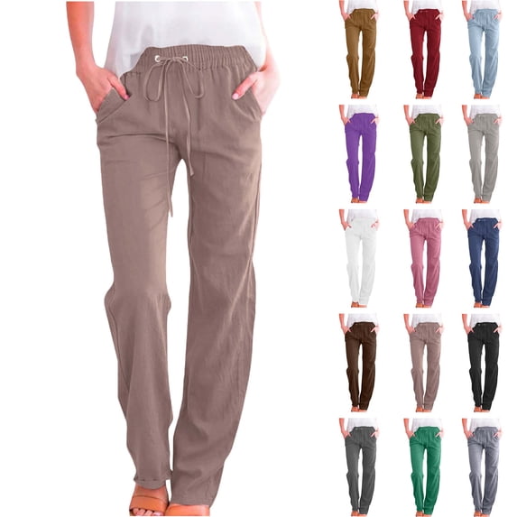 Womens Cargo Pants Casual Solid Cotton Linen Drawstring Elastic Waist Loose Pants Straight Wide Leg TrousersLong Straight Pants