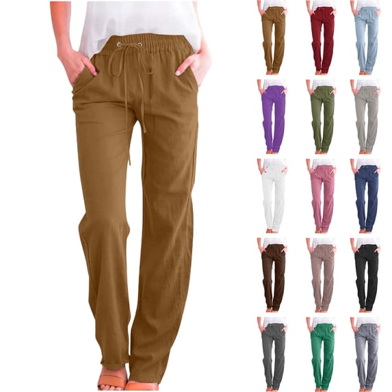 Womens Cargo Pants Casual Solid Cotton Linen Drawstring Elastic Waist Loose Pants Straight Wide Leg TrousersLong Straight Pants