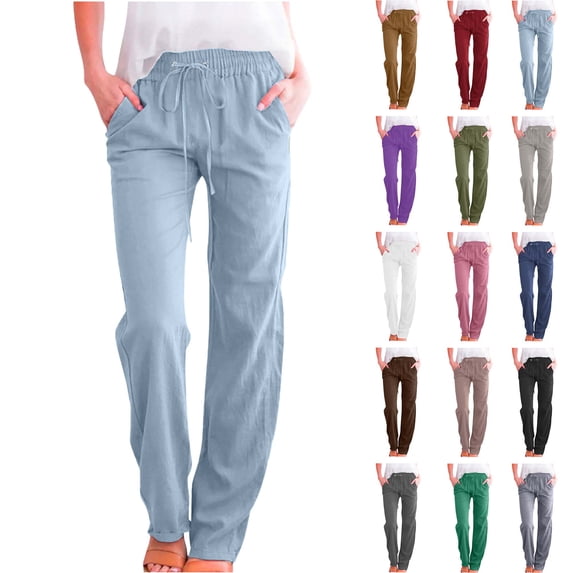 Womens Cargo Pants Casual Solid Cotton Linen Drawstring Elastic Waist Loose Pants Straight Wide Leg TrousersLong Straight Pants