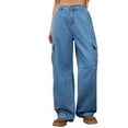 thumbnail image 1 of Womens Cargo Pants Demin Button Zipper Wide Leg Multi Pockets Trousers Casaul Loose Comfy Stylish Jeans (M, Blue), 1 of 4