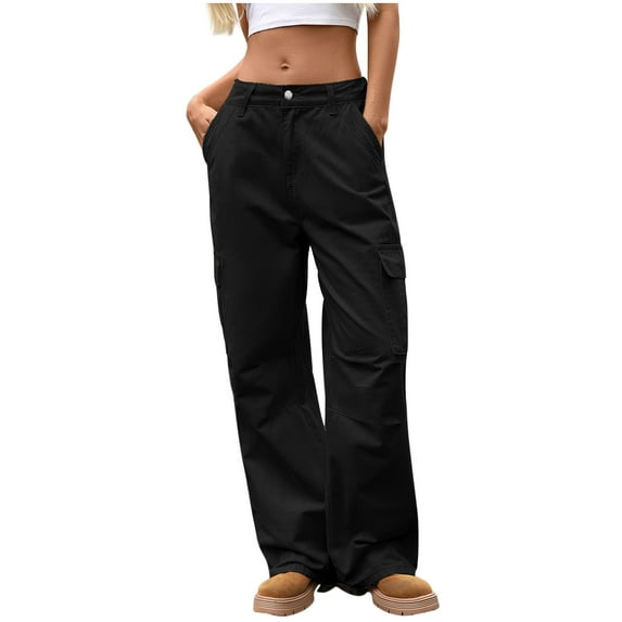 Womens Cargo Pants Demin Button Zipper Wide Leg Multi Pockets Trousers Casaul Loose Comfy Stylish Jeans (XL, Black)
