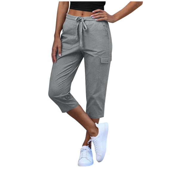 Womens Cargo Pants, Gray Cropped Capri Pants for Women, Lightweight Elastic Waistband with Drawstring, Casual Pull-On Pants with Pockets,Size L