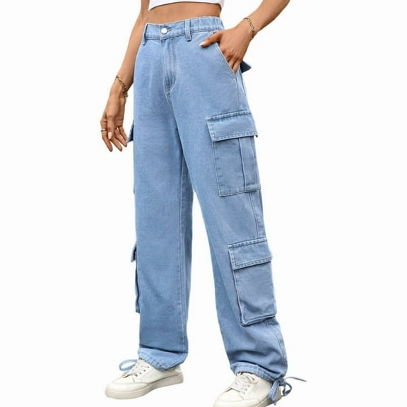 Womens Cargo Pants High Waisted Wide Leg Casual Pants Baggy Y2k Trousers with 8 Pockets Denim Blue M