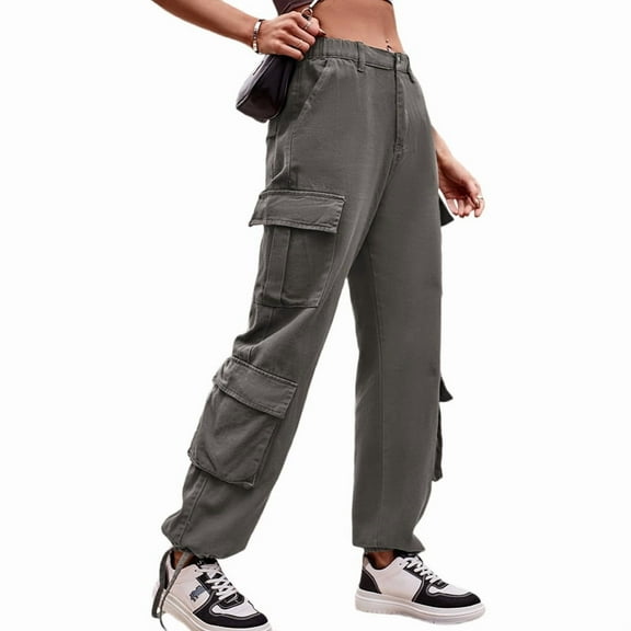 Womens Cargo Pants High Waisted Wide Leg Casual Pants Baggy Y2k Trousers with 8 Pockets Grey L