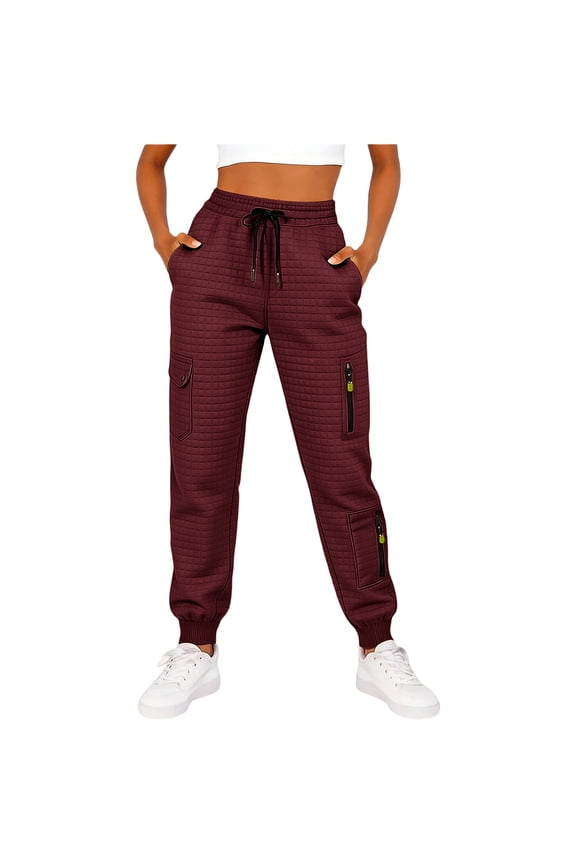 Womens Cargo Pants Joggers Quilted Lounge Sweatpants with Pockets Elastic Waist - Wine Red,Size M