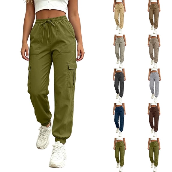 Womens Cargo Pants Joggers Zaewscy Women's Fashion Solid Color Elastic Waist Pocket Ruched Straight Leg Long Pants Army Green S